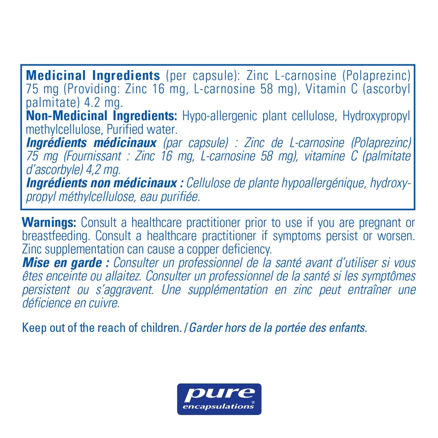 Peptic-Care (Zinc-L-Carnosine) - 60 capsules par Pure Encapsulations